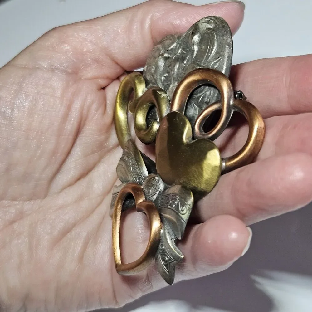 Vintage K&T HEART Brooch Mixed Metal Love Pin Silver Brass Tone Signed Jewelry